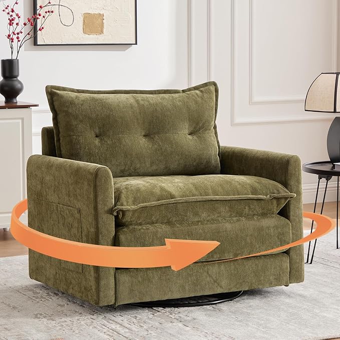 cinkehome Oversized Swivel Chair 36 Swivel Armchair Accent Chair for Living Room Mid Century Modern Thick Padded Arm Chairs Memory Foam Chenille Olive Green