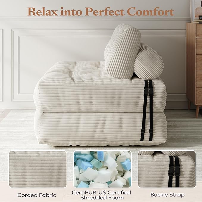 Folding Sofa Bed Convertible Foam Couch Bed Comfy Foldable Mattress Sleeper Chair with Pillow Small Floor Sofa Lounge for Living Room Bedroom Apartment Small Space Beige