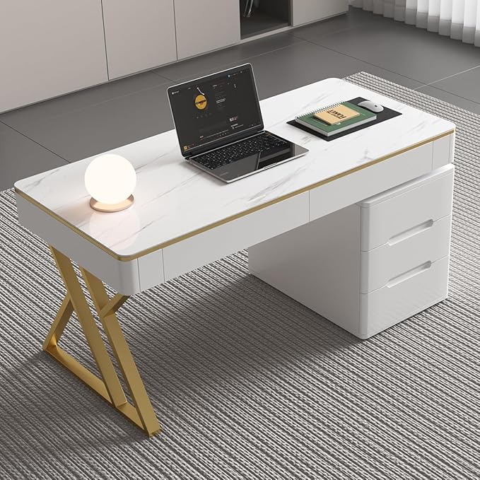 Executive Desk with Drawers White Computer Desk with Drawers with Tempered Glass Top &amp Marble Pattern 47 inch Modern Home Office Desk with Charging Station for Study Living Room Bedroom