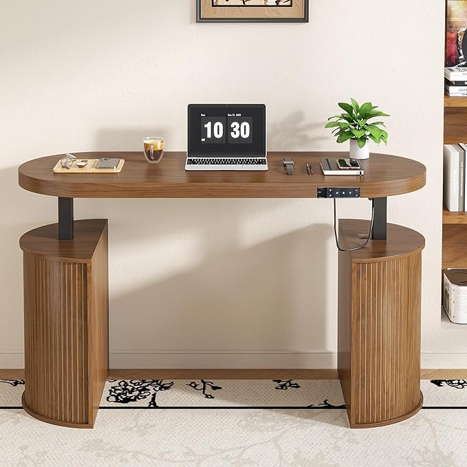 Mid Century Modern Electric Standing Desk with Storage 55 x 22 Inch Small Sit Stand Up Desk Wood Adjustable Height Computer Executive Desk for Home Office Laptop Walnut
