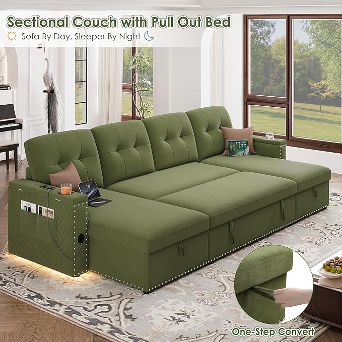 HIFIT 106 Sectional Couches for Living Room- Pull Out Sleeper Sofa Couch w/Storage ChaiseStorage ArmrestLED Light&ampUSB Port&ampCupholderModern Velvet U Shaped Home Sofa Living Room Furniture S