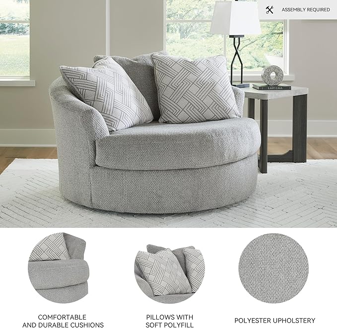 Signature Design by Ashley Casselbury Contemporary Upholstered Oversized Swivel Accent Chair with 3 Throw Pillows Light Gray