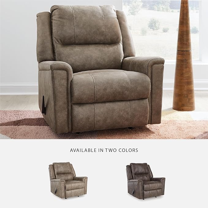 Signature Design by Ashley Skymaker Modern Faux Leather Manual Rocker Recliner with Track Arms Light Brown