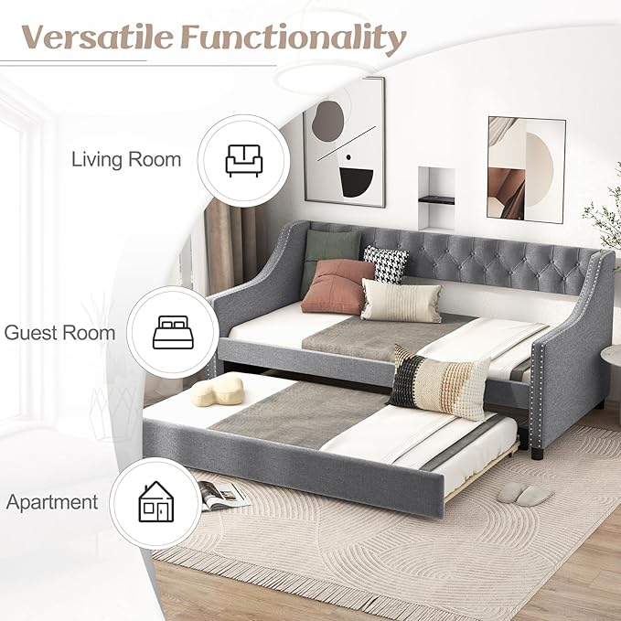 KOMFOTT Upholstered Twin Daybed with Trundle Sofa Daybed with Backrest &amp Armrests Space-Saving Daybed Trundle Bed Frame for Bedroom Guest Room &amp Dorm No Box Spring Needed (Grey)