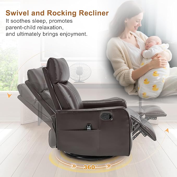 Manual Swivel Rocker Recliner Chair for Adults Overstuffed Reclining Glider Chair for Nursing with Vibration Massage &amp Heat Living Room Rocking Recliner 2-Stage backrest Faux Leather Dark Brown