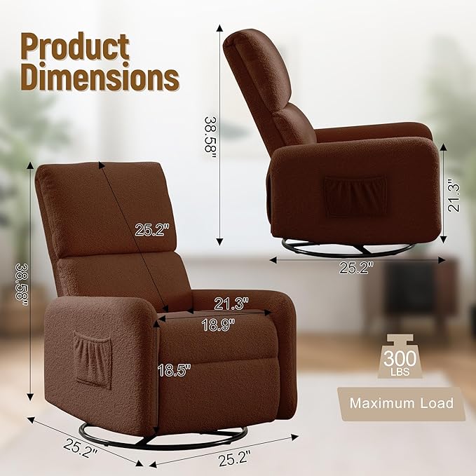 360° Rocking Chair Nursery Rocker Chair with Side Pockets Glider Nursing Chair with Steel Structure Base Small Chair for Small Spaces Sherpa Swivel Accent Chairs for Living Room Nursing