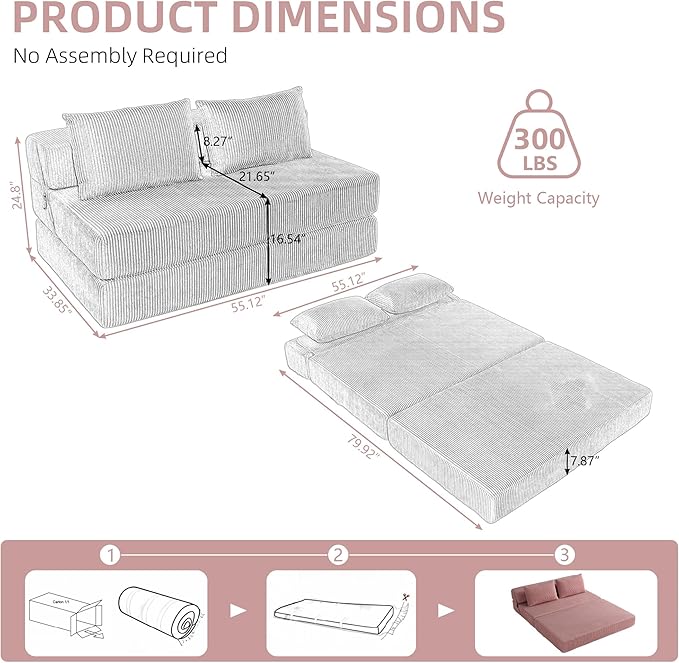 GNIXUU Fold Out Couch 3-in-1 Convertible Futon Sofa Bed with 2 Pillows Corduroy Foldable Floor Chair Boneless Loveseat Couches for Living Room Bedroom Small Spaces Pink
