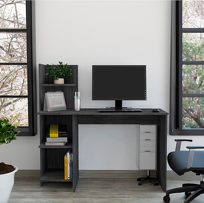 4-Tier computer deskWriting Desk with 4 shelveshome office desks with storage shelfsmall desk with storage for studyingetccorner office desks for homebedroomgaming deskWoodGrey