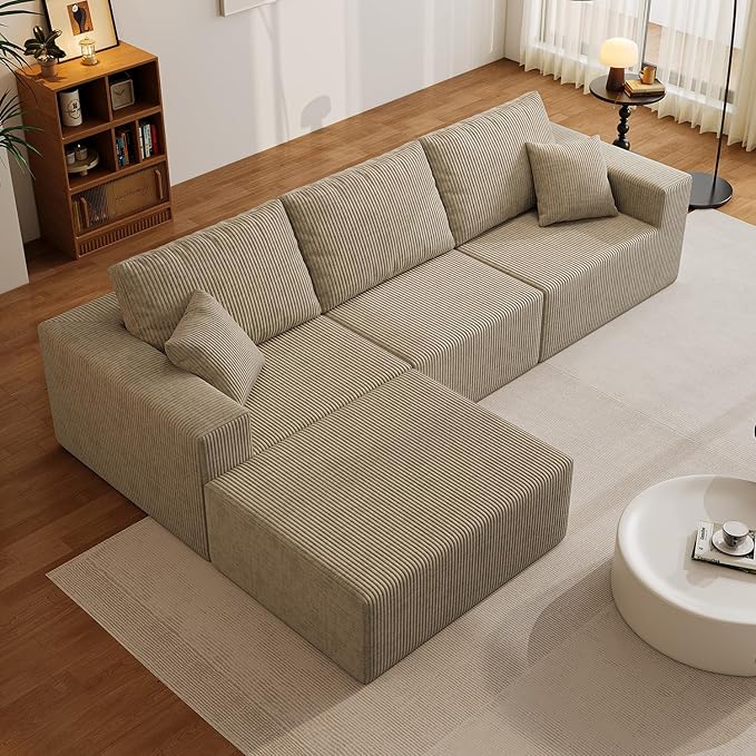 Boneless Cloud Sectional Couch for Living Room Compressed Modular L-Shaped Sofa with Deep Seat Frameless Corduroy Couch in Boxes No Assembly Required Grey Middle