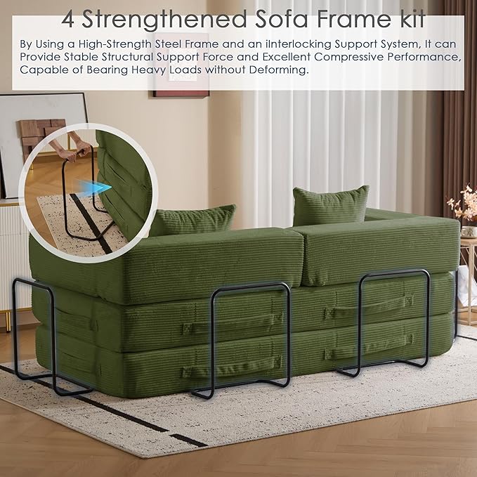Convertible Sleep Sofa Bed with Armrests and Backrest Corduroy Folding Couch with 2 Pillow Modular Sectional for Living Room Bedroom Studio-No Assembly NeededGreen