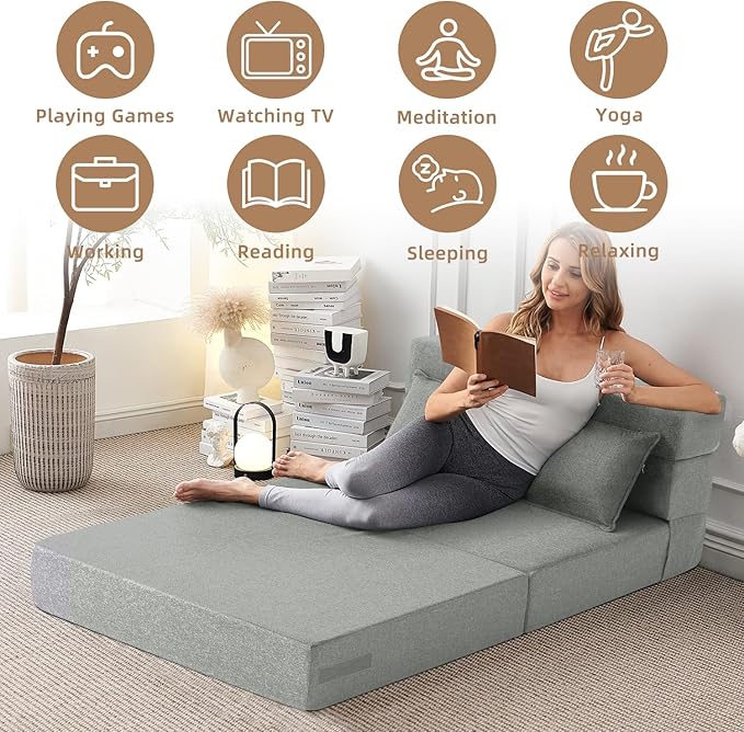 FILUXE Folding Sofa Bed | Convertible Sleeper Chair Bed for Adults Fold Out Chair to Bed Linen Futon Chair with Pillow for Home Dorm Apartment RV Living Room Standard Size Light Gray
