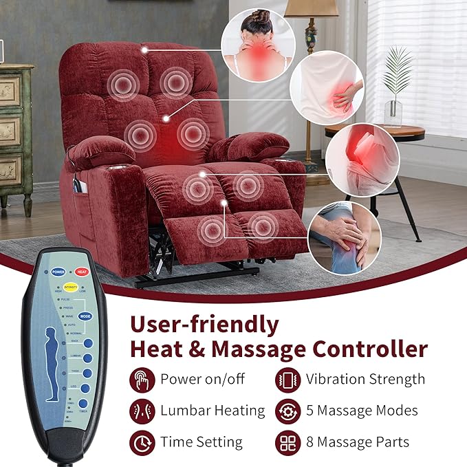 Large Power Lift Recliner Chair with Massage and Heat for Elderly Big and Tall People Dual Motor 180° Lay Flat Overstuffed Wide Velvet Lift Recliners with 2 Cup Holders Side Pocket
