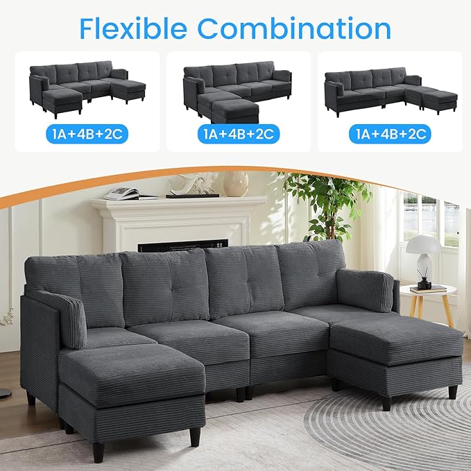 PUREMIND 89 U Shaped Sectional Couches Corduroy Sectional Sofa with Reversible Storage Ottoman 4 Seater Sofa with Throw Pillows Upholstered L-Shaped Couch for Living Room Dark Grey