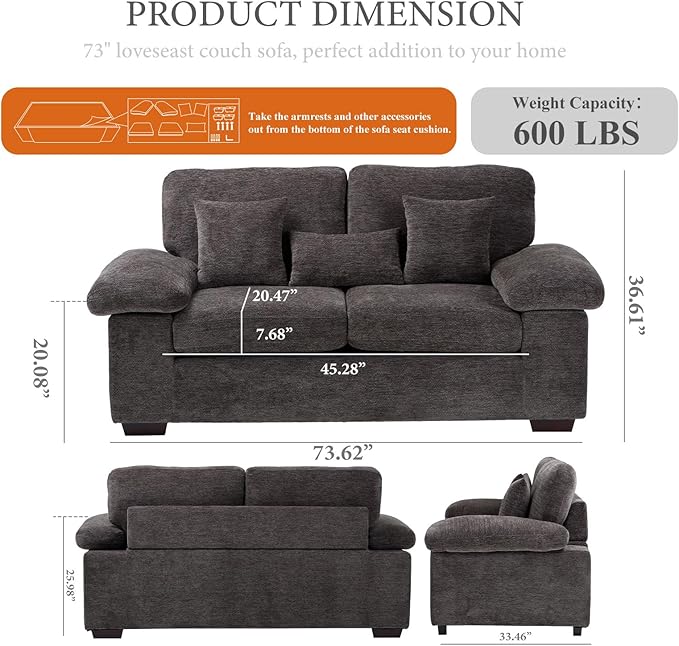 Loveseat Sofa73 Love Seat Couches Living Room Sofa with 3 Pillows Upholstered Comfy Chenille Seat Cushions Bedroom CouchGrey