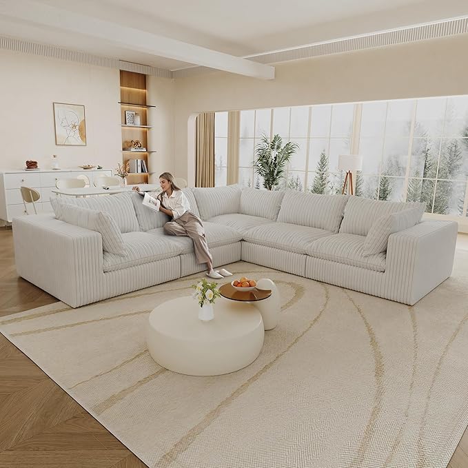 118.2 Modern V Shaped Corner Sofa Comfy Modular Sectional Cloud Couch with Plush Corduroy Fabric Deep Seat Upholstered Sofa Fluffy Boneless Couches for Living Room No Assembly (White)