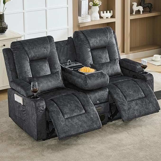 URRED Manual Reclining Loveseat Sofa with Console Double Recliner RV Couch with Bluetooth Speakers USB &amp Power Outlet Cup Holders Pillow and Side Pocket for Home Theater Velvet Grey