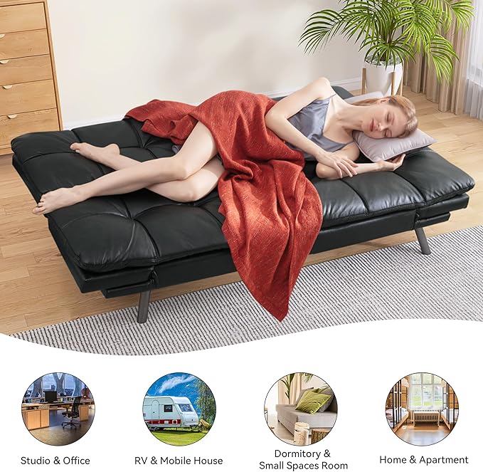 71 Convertible Futon Sofa BedFaux Leather Futon Couch BedMemory Foam Sleeper SofaModern Folding Small Loveseat for Living RoomOfficeApartmentMatte Black