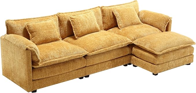 kevinplus 112'' Sectional Sofa Couch with Convertible Ottoman for Living Room Modern Contemporary 3-Seat L-Shape Sofa Couch for Apartment Home Office Thick Cushion &amp Boucle Fabric Yellow