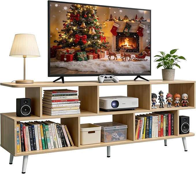 Lightdot 65 Inch TV Stand up to 75 Inch TVs Large Storage for Collection with 8 Open Shelves Sturdy Media Console Table for Living Room/Entrance/Kitchen/Sofa Cabinet Easy Assembly Walnut