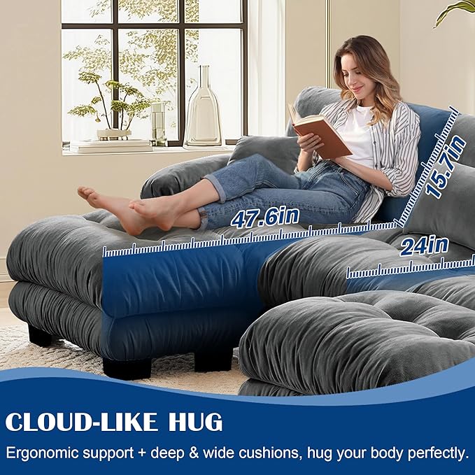 Oversized Cloud Couch Fluffy Sectional Couch for Living Room L Shaped Sofa with Movable Ottoman Chenille Grey