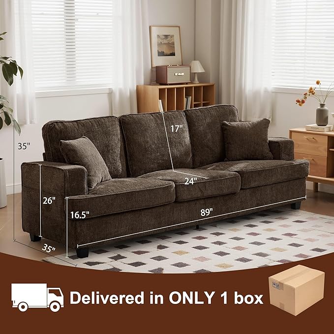 Sofa Couch for Living Room Modern Loveseat with Comfy Deep Seat Comfortable Mid-Century 3-Seater Couch for Bedroom Home Apartment Office Lounge Brown