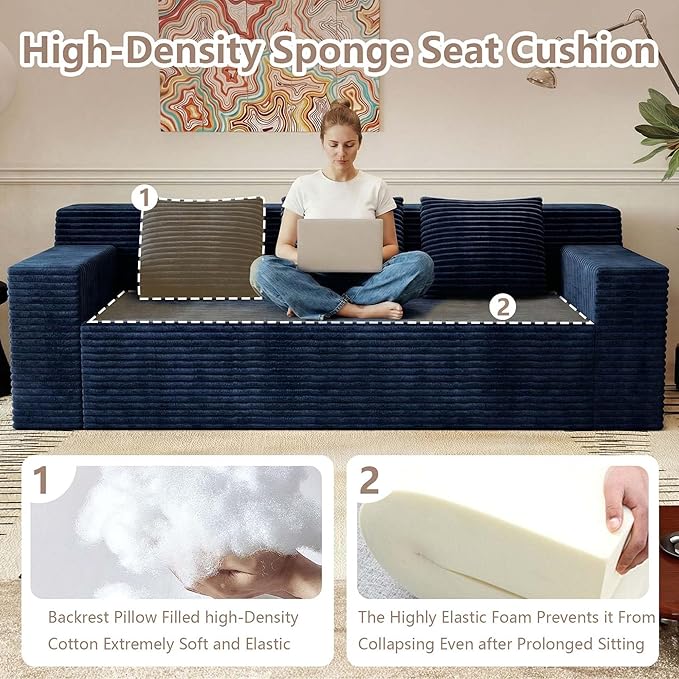 Boneless Couches for Living Room 71 Modern 3 Seater Sofa with Deep Seat Comfy Cloud Couch Sofa with Corduroy Fabric Memory Foam Floor Sofa with ArmrestsNo Assembly Required (Blue) | Deep Seat Co