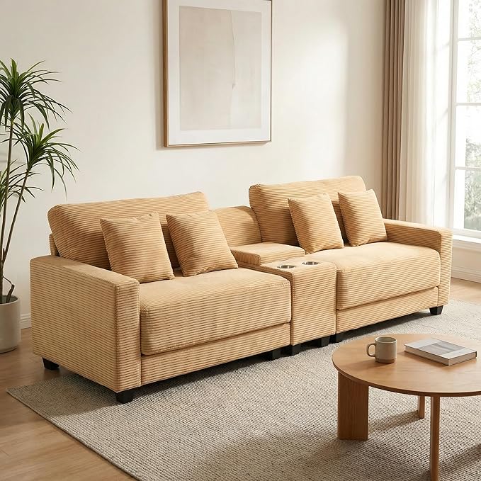 111.8 inch Modular Sectional Sofa with Charging Ports Cup Holders &amp Storage Modern Oversized Corduroy 4-Seater for Living Room Yellow