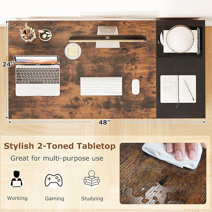 Giantex 48 Computer Desk with 2 Fabric Drawers Industrial Home Office Desk with Open Storage Shelf 2-Toned Finish &amp Metal Frame Gaming Study Writing Table for Small Space Bedroom Rustic Brow