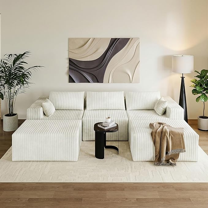 110 Boneless Couches for Living Room Cloud Couch Modular Sectional Sofa with Deep Seat Plush Large Foam SofaU-Shape Sofa CouchNo Assembly Required White (Plush Corduroy Fabric)