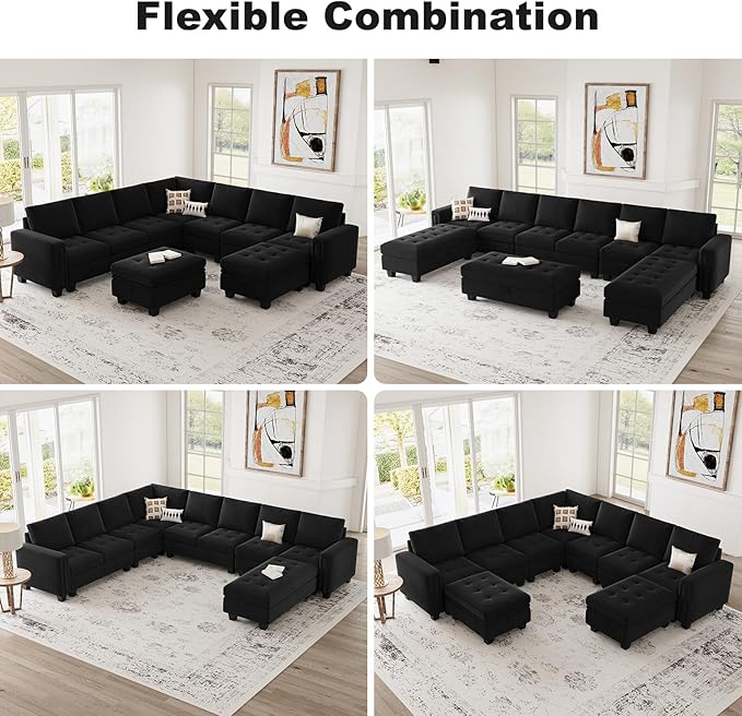 Belffin Modular Sectional Sofa Couch 7-Seater Convertible Sectional Sofa Velvet Modular Sectional with Storage Ottoman L Shaped Couch with Chaises Black