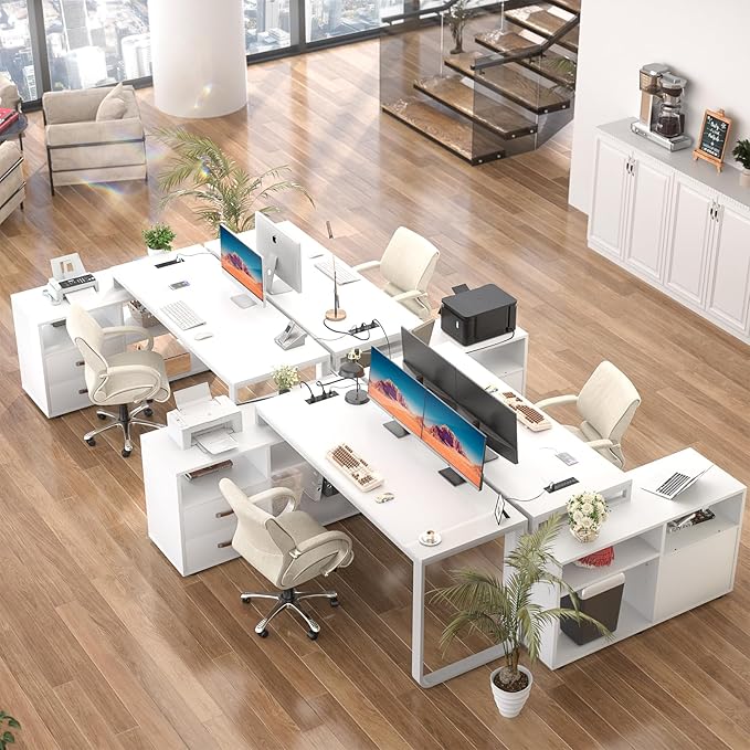 Homieasy L Shaped Desk with File Cabinet &amp Power Outlet Reversible 55 Inch Large Corner Computer Desks with LED Strip L-Shaped Desk with Drawers and Storage Shelves for Home Office White