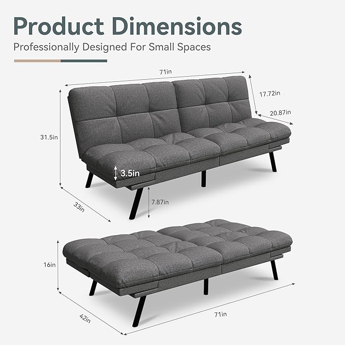 Futon Sofa Bed Convertible Couch Grey Linen Sofa Bed with Memory Foam Adjustable Backrest &amp Armrests Multifunctional Small Loveseat Sleeper Sofa for Living Room Apartment Office