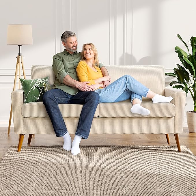WEUP 68 Loveseat Sofa Beige Corduroy Couch Mid Century Modern Love Seat Couches for Living Room Small Loveseat for Bedroom Office Comfy Sofa with Spring Cushion Solid Wood Tool-Free Assembly