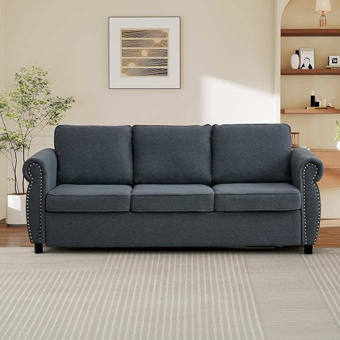 Queen Pull Out Sofa Bed 2-In-1 Pull Out Couch Bed with Memory Foam Mattress &amp Riveted Rolled Armrests 3 Seater Convertible Sleeper Sofa Foldable Couch for Living Room Bedroom Apartment(Dark G