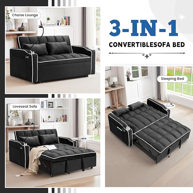 TTK 3-in-1 Convertible Velvet Sleeper Sofa Bed Pull-Out Loveseat with Adjustable Backrest USB Port &amp 2 Pillows Swivel Phone Stand &amp Storage Pockets Modern Futon Couch for Living Room Blac