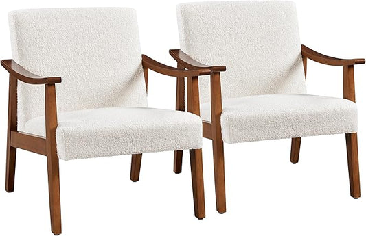 Yaheetech Fabric Accent Chair Mid-Century Modern Armchair with Solid Wood Legs Reading Leisure Chair with High Back for Living Room Bedroom Waiting Room Set of 2 Ivory