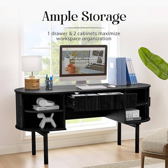 Executive Office Desk with Storage 63 Inch Large Computer Workstation Desk with Drawer and File Cabinets Mid Century Modern Fluted Wood Writing Desk for Home Office Study Room Living Room Black