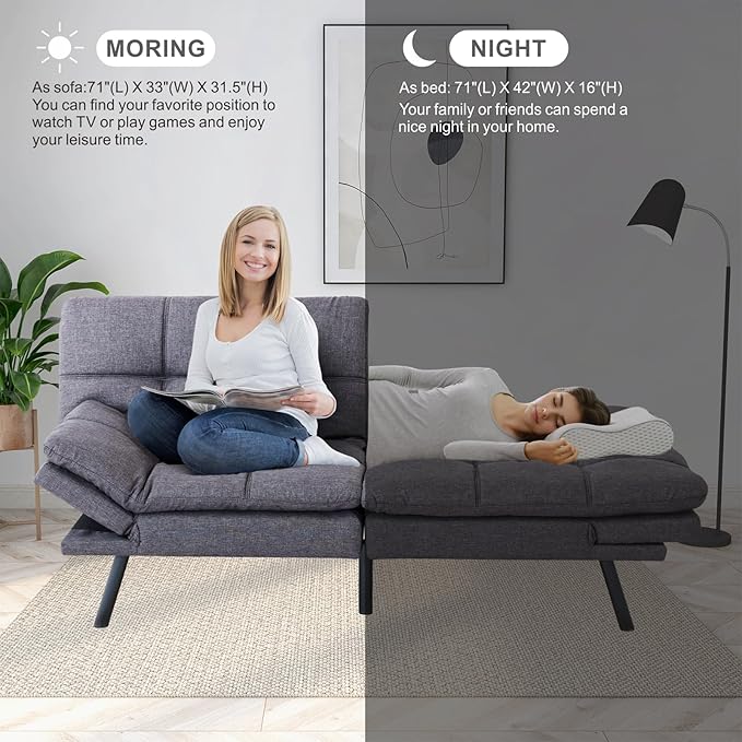 QAIIOO Futon Sofa Bed Memory Foam Sleeper Sofa Convertible Sofa Bed with Adjustable Armrests and Backrest Modern Futon Couch for Small Space Living Room Office Grey