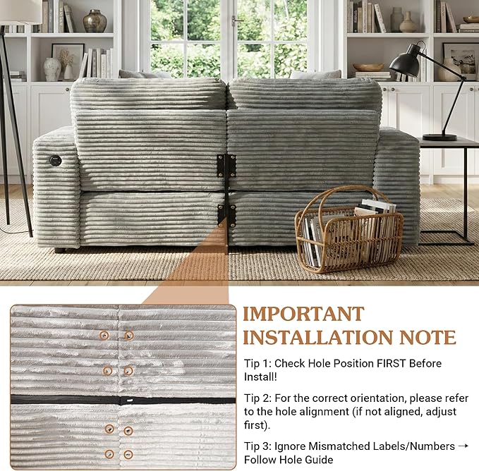 Double Chaise Lounge Chair Indoor Oversized Loveseat with Ottoman Storage USB Charging Cup Holders Phone Stand LED Corduroy Couch (Grey)