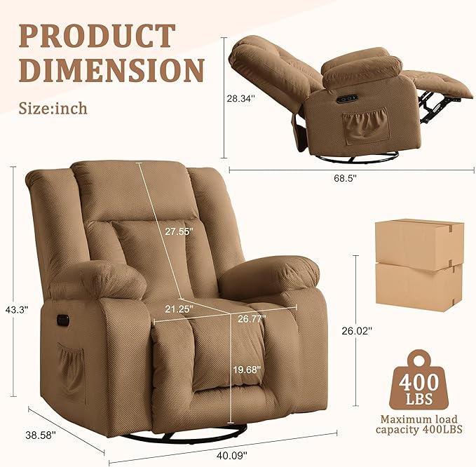 Rocker Recliner Chairs for Adults Swivel Rocking Chair with Heat and Massage Modern Electric Recliner with Extra Wide Waffle Fabric Massage Chair Recliner for Living Room Bedroom