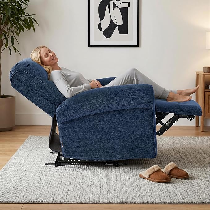 MCombo Compact Wall Hugger Power Recliner Chair for Small Spaces Dual USB-A/C Ports Rolled Arm Recliner for Living Room &amp RV Fabric PR520 (Fabric Navy Blue Small)