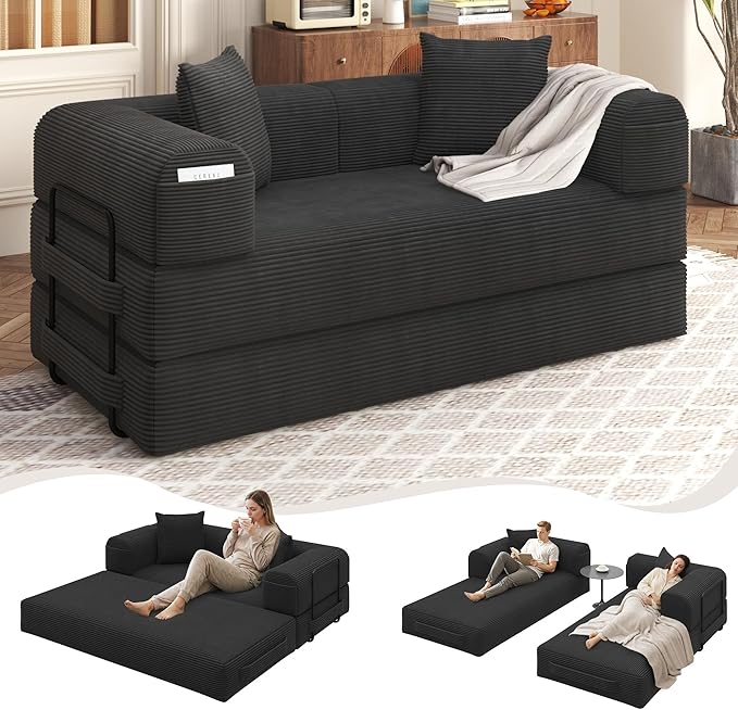80 Convertible Sofa Bed 5 in 1 Modular Boneless Couch Sleeper Sofa Bed with Fixed Frame &amp Removable Backrest Pillow Washable Corduroy Futon Sofa Bed Couch in a Box for Small Spaces Dark Black
