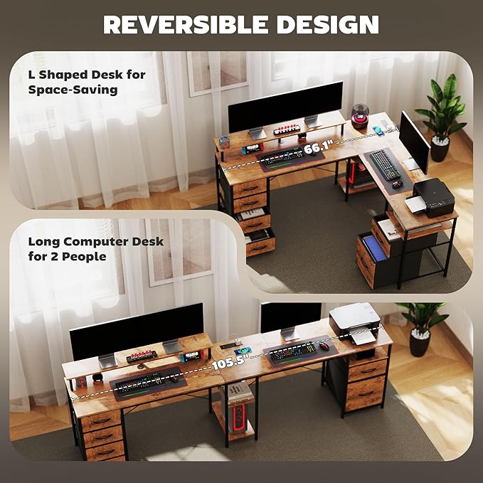 HOMCOM 66 L Shaped Gaming Desk Reversible 105 2 Person Computer Desk with File Cabinet and Fabric Drawers Power Outlets and LED Lights Monitor Stand Rustic Brown
