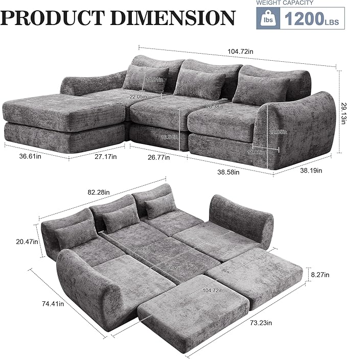104.72 Multiple Modular Cloud Sofa Bed Sectional Boneless Couch with Chaise for Living Room/Bedroom Shennel Sofa No Assembly 8 Modules Combined Grey