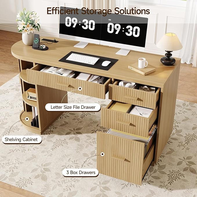 ONBRILL 58 Inch Fluted Executive Desk Computer Desk with Storage Drawers &amp File Drawer Modern Home Office Desk with Charging Station for Working Studying Writing Oak