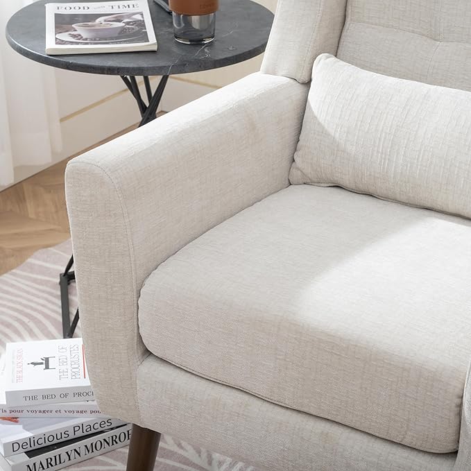 Livavege Mid Century Accent Chair with Wood Frame Chenille Fabric Modern Upholstered Lounge Reading Living Room Armchair w/Waist Cushion Comfy Single Sofa for Bedroom Sunroom