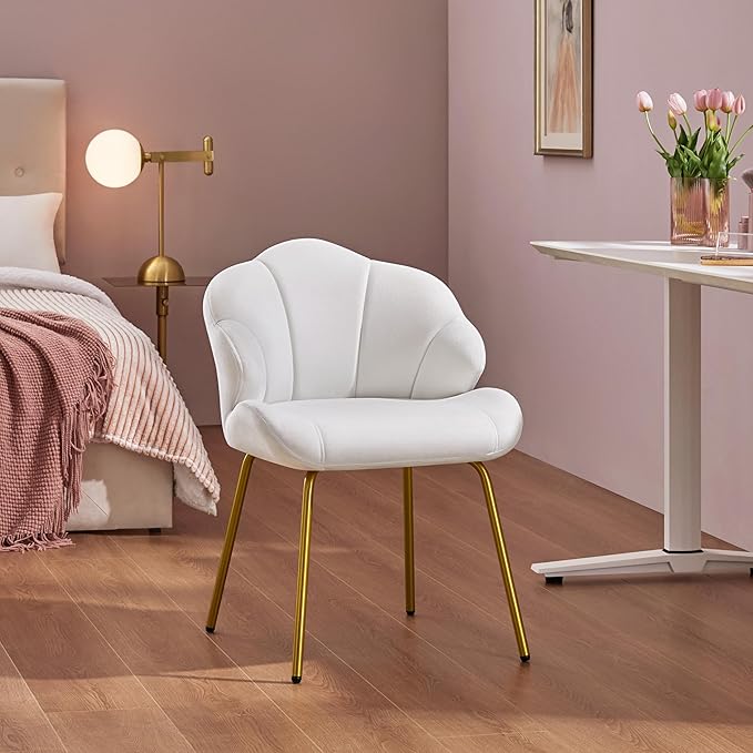 Yaheetech Vanity Chair Velvet Accent Chair with Shell-Shaped Backrest Modern Armchair with Gold Metal Legs for Dressing Room/Bedroom/Living Room White
