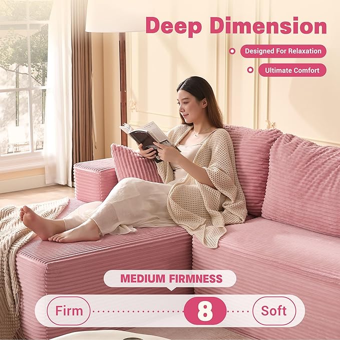 107 Boneless Couch with Deep Seat Set of Modular Sectional Sofa Cloud Sectional Couch for Living Room No Assembly Required Corduroy L-Shape Left Pink