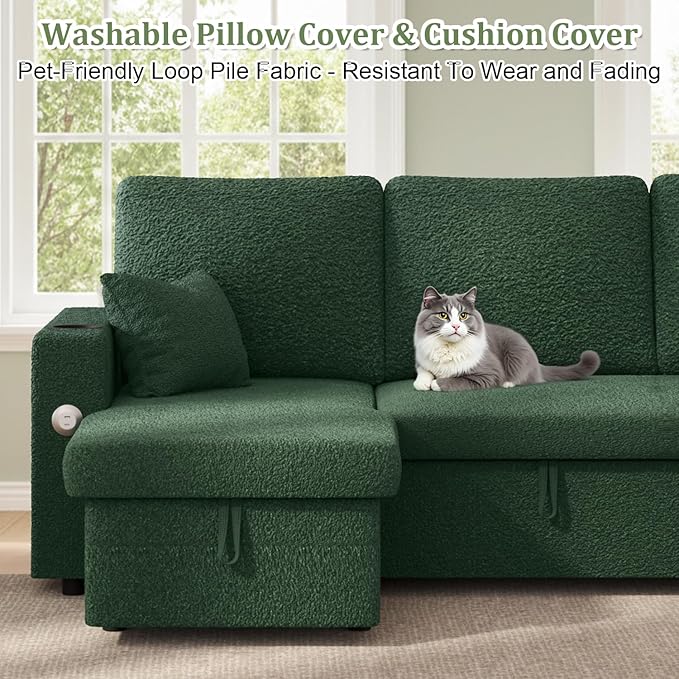 82 Inch L-Shape Sectional Couch 4-in-1 Multifunctional Pull-Out Couch Sleeper Sofa with Storage Chaise Charging Station Cup Holder for Living Room/Office/Apartment (Green)