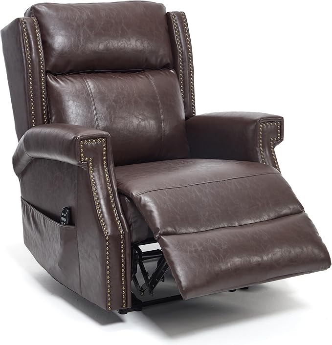 Manual Recliner Chair Faux Leather Push Back Recliners with Vibration Massage Lumbar Heat Living Room Single Sofa Reclining Rivet Design Chair Red Brown